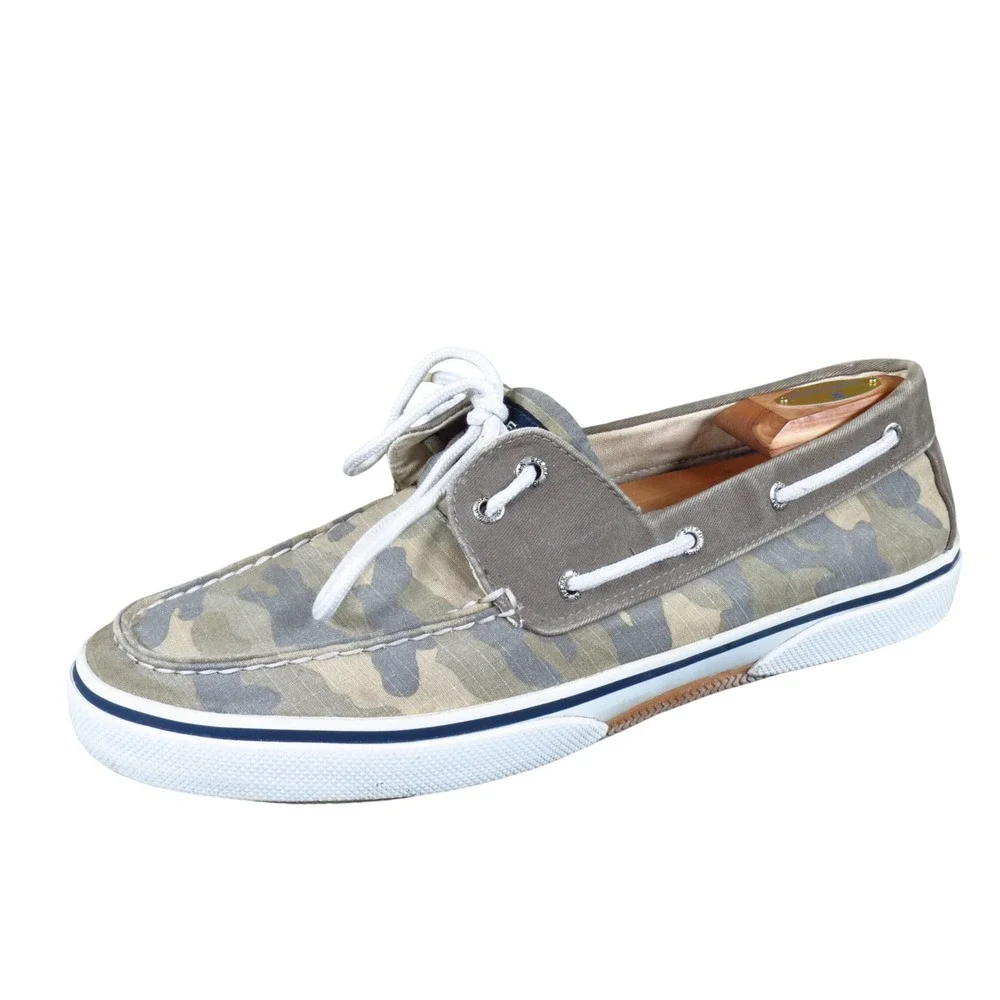 Sperry Halyard 2-Eye Men Boat Shoe Size 12 Nautical Camo Canvas Sneakers Green